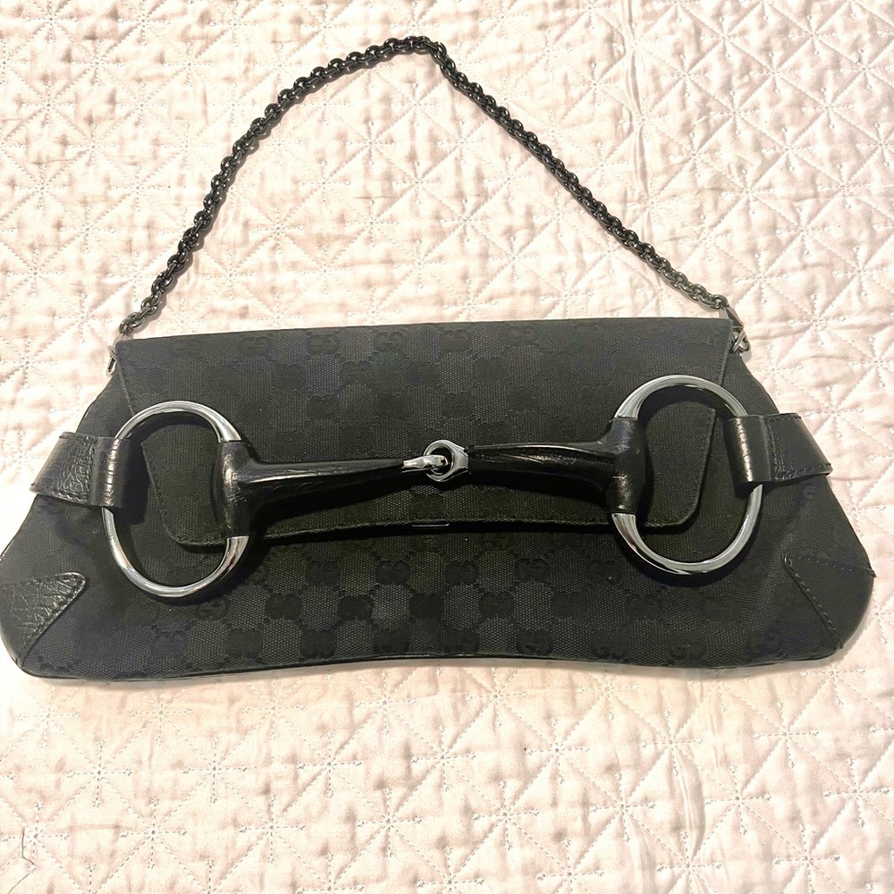 Gucci Blk Canvas GG Horsebit Clutch Shoulder Bag